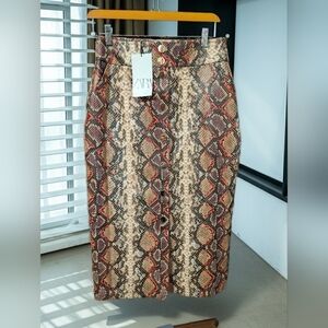 Zara Snake-Print Button-Front Pencil Skirt in Brown/Red